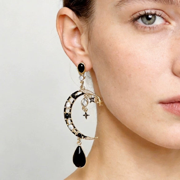 Geometric Crescent Long Drop Earrings With Cat's Eye Stone Retro Alloy Design Ecofriendly Electroplated Finish And Stainless Steel Posts For Women