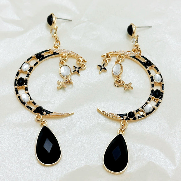 Geometric Crescent Long Drop Earrings With Cat's Eye Stone Retro Alloy Design Ecofriendly Electroplated Finish And Stainless Steel Posts For Women