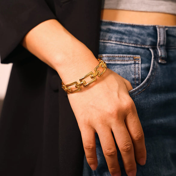 Geometric Cut Out Chain Open Bracelet 316L Stainless Steel 18K Gold Plated Jewelry