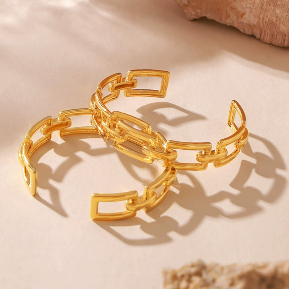 Geometric Cut Out Chain Open Bracelet 316L Stainless Steel 18K Gold Plated Jewelry