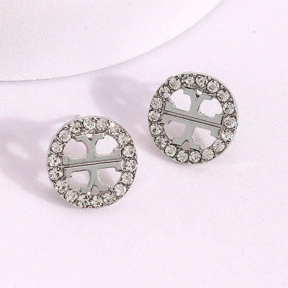 Geometric Cutout Rhinestone Hoop Earrings With Goldtone Edges Zinc Alloy Fashion Jewelry For Women