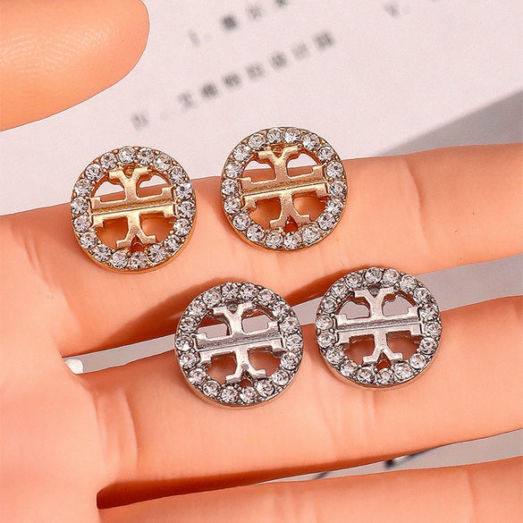 Geometric Cutout Rhinestone Hoop Earrings With Goldtone Edges Zinc Alloy Fashion Jewelry For Women