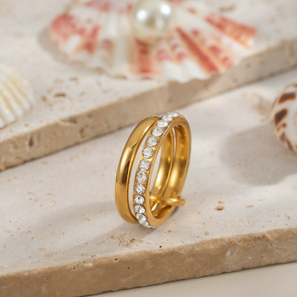 Geometric Double Layer Titanium Steel Ring With Diamond Encrusted Light Luxury Design And Pvd Vacuum Real Gold Electroplating