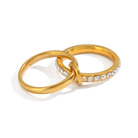 Geometric Double Layer Titanium Steel Ring With Diamond Encrusted Light Luxury Design And Pvd Vacuum Real Gold Electroplating