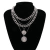 Geometric Embossed Coin Pendant Necklace Set With Layered Chain And Lock Clasp Electroplated Alloy Jewelry In Classic Old Money Style