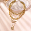 Geometric Embossed Coin Pendant Necklace Set With Layered Chain And Lock Clasp Electroplated Alloy Jewelry In Classic Old Money Style