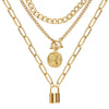 Geometric Embossed Coin Pendant Necklace Set With Layered Chain And Lock Clasp Electroplated Alloy Jewelry In Classic Old Money Style