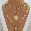 Geometric Embossed Coin Pendant Necklace Set With Layered Chain And Lock Clasp Electroplated Alloy Jewelry In Classic Old Money Style
