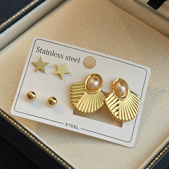 Geometric Fanshaped Textured Titanium Steel Earrings For Women With Electroplating Design