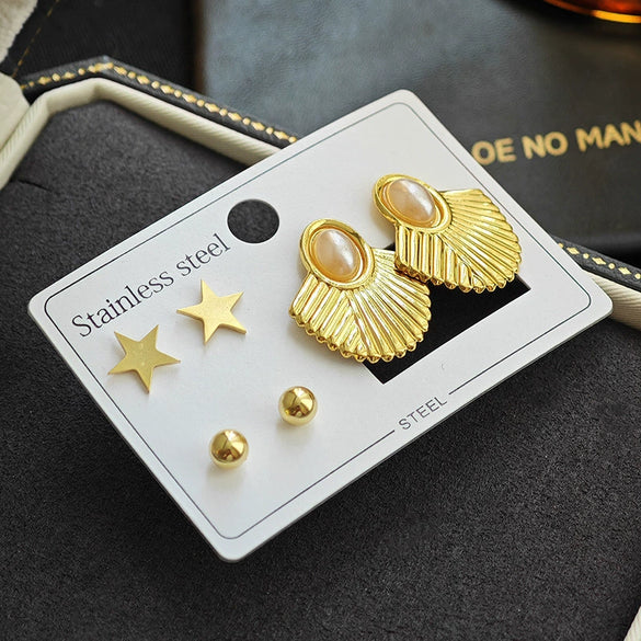 Geometric Fanshaped Textured Titanium Steel Earrings For Women With Electroplating Design