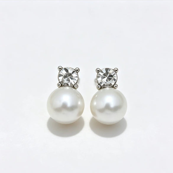 Geometric Faux Pearl Drop Earrings With Fourprong Cubic Zirconia Accents And Stainless Steel Posts For Women