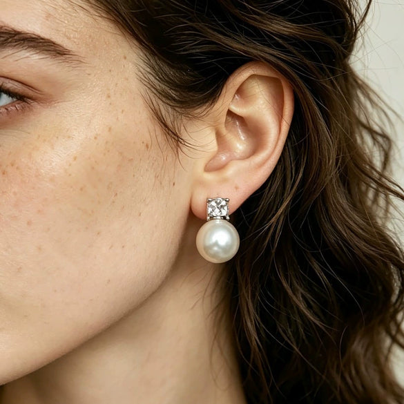 Geometric Faux Pearl Drop Earrings With Fourprong Cubic Zirconia Accents And Stainless Steel Posts For Women