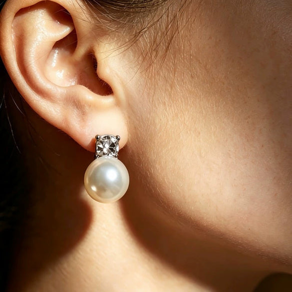 Geometric Faux Pearl Drop Earrings With Fourprong Cubic Zirconia Accents And Stainless Steel Posts For Women