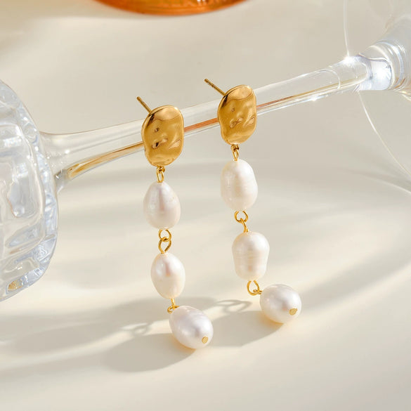 Geometric Freshwater Pearl Stainless Steel Vacuum Gold Plated Earrings For Women Simple Elegant Style