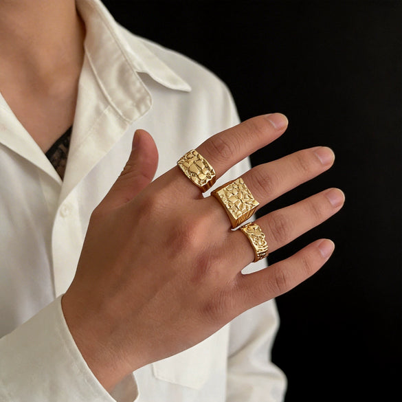 Geometric Goldplated Alloy Ring With Irregular Textured Design And Polished Finish Unisex Fashion Jewelry