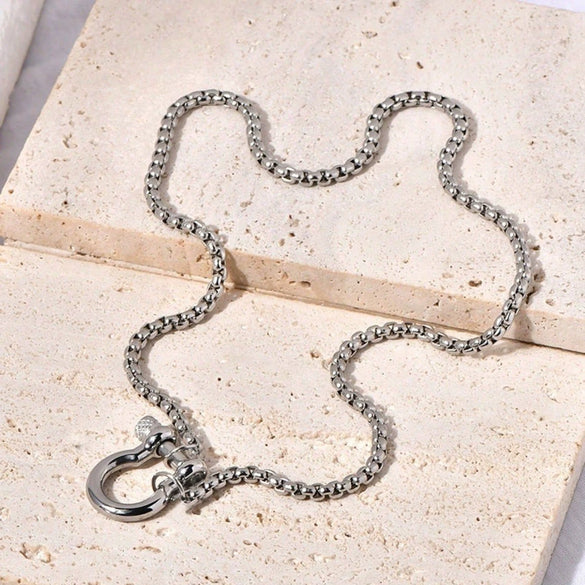 Geometric Goldplated Titanium Steel Carabiner Pendant Pearl Strand Necklace For Women In Light Luxury Style
