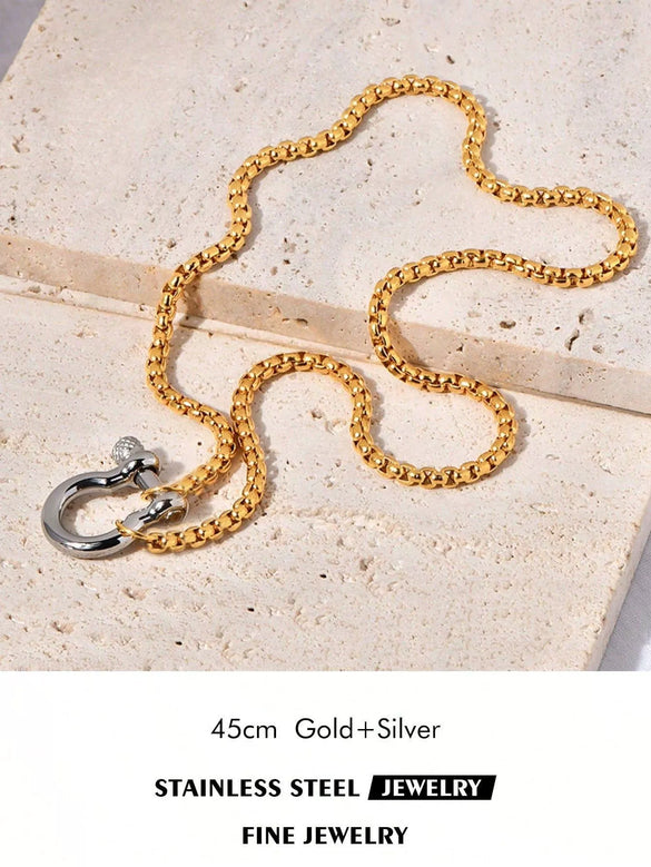 Geometric Goldplated Titanium Steel Carabiner Pendant Pearl Strand Necklace For Women In Light Luxury Style