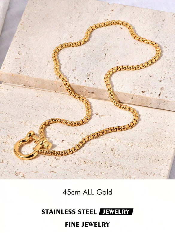 Geometric Goldplated Titanium Steel Carabiner Pendant Pearl Strand Necklace For Women In Light Luxury Style
