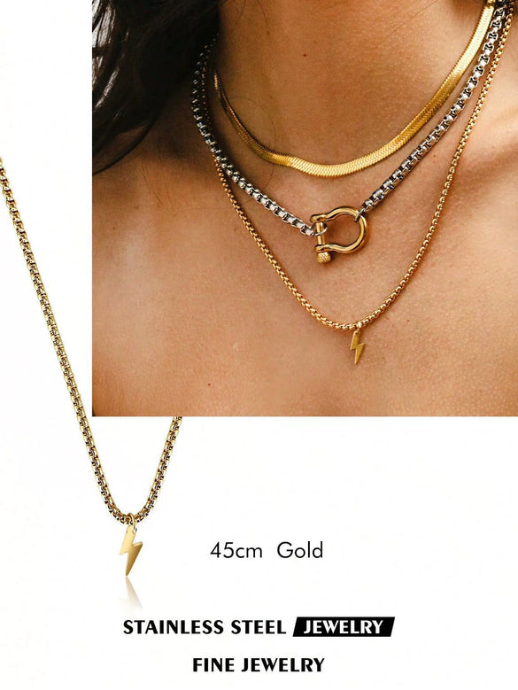 Geometric Goldplated Titanium Steel Carabiner Pendant Pearl Strand Necklace For Women In Light Luxury Style