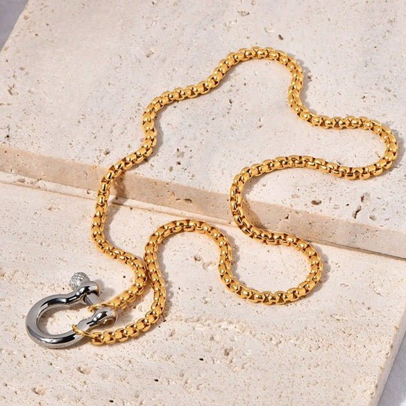 Geometric Goldplated Titanium Steel Carabiner Pendant Pearl Strand Necklace For Women In Light Luxury Style
