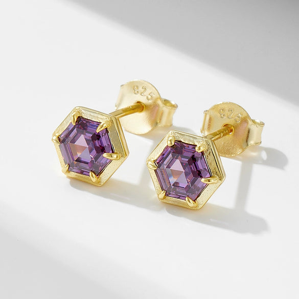 Geometric Hexagonal Amethyst Zircon Sterling Silver Women's Earrings With Diamond Design And Treatment