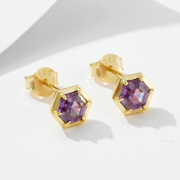 Geometric Hexagonal Amethyst Zircon Sterling Silver Women's Earrings With Diamond Design And Treatment