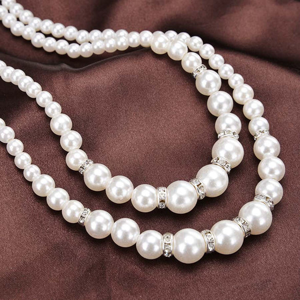 Geometric Imitation Pearl Beaded Long Sweater Necklace With Double Pearl Pendant And Sparkling Decorative Accents