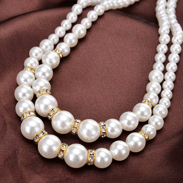 Geometric Imitation Pearl Beaded Long Sweater Necklace With Double Pearl Pendant And Sparkling Decorative Accents