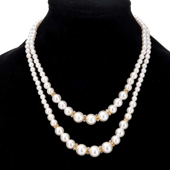 Geometric Imitation Pearl Beaded Long Sweater Necklace With Double Pearl Pendant And Sparkling Decorative Accents