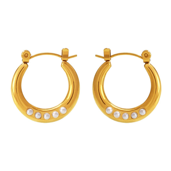 Geometric Imitation Pearl Open Earring And Ring Set Titanium Steel Plated 18K Gold Electroplated For Women