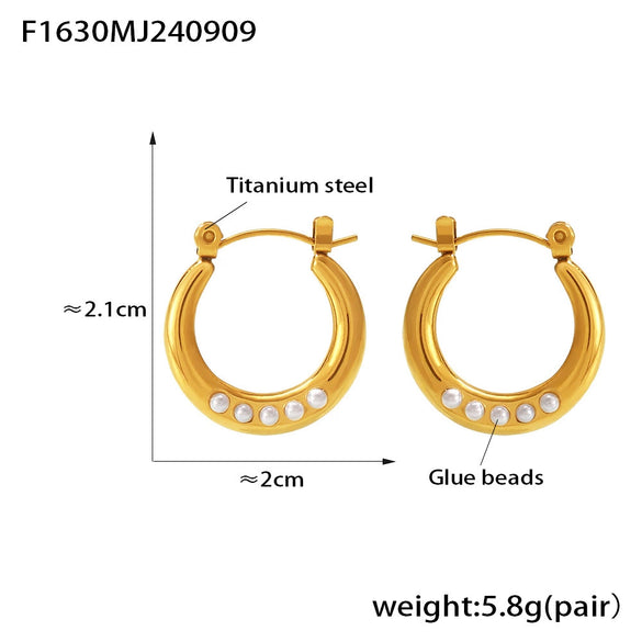 Geometric Imitation Pearl Open Earring And Ring Set Titanium Steel Plated 18K Gold Electroplated For Women