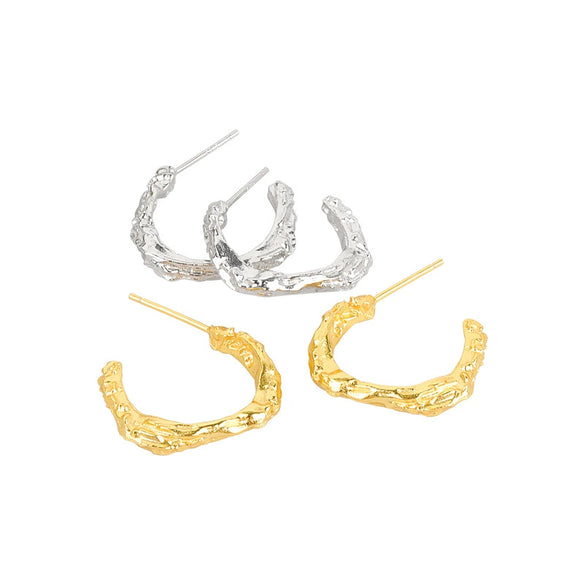 Geometric Irregular C Shaped Sterling Silver Earrings With Concave Convex Textured Electroplated Finish