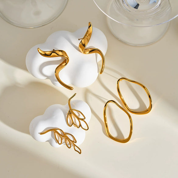Geometric Irregular Stainless Steel Earrings With Vacuum Electroplated Gold Tone Finish For Women