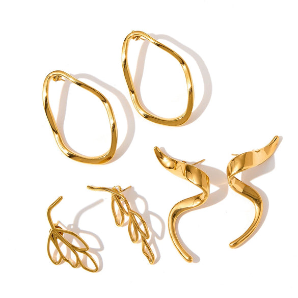 Geometric Irregular Stainless Steel Earrings With Vacuum Electroplated Gold Tone Finish For Women