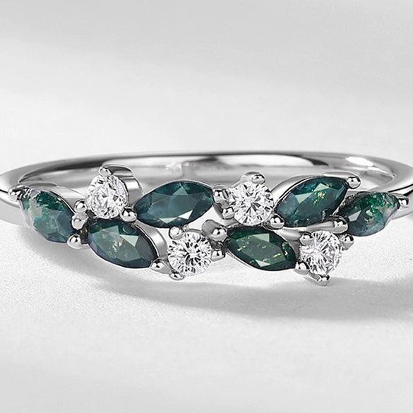 Geometric Leaves Green Moss Stone Agate S925 Silver Ring Retro Style Diamond Design