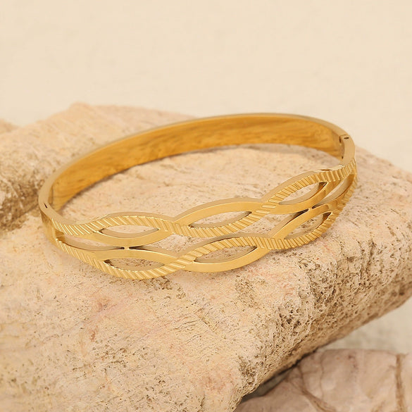 Geometric Lines Stainless Steel Bracelet With Golden Leaf Design Electroplated Jewelry