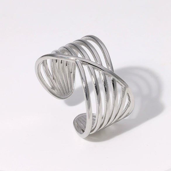Geometric Lines Stainless Steel Opening Ring For Women With Electroplating Treatment