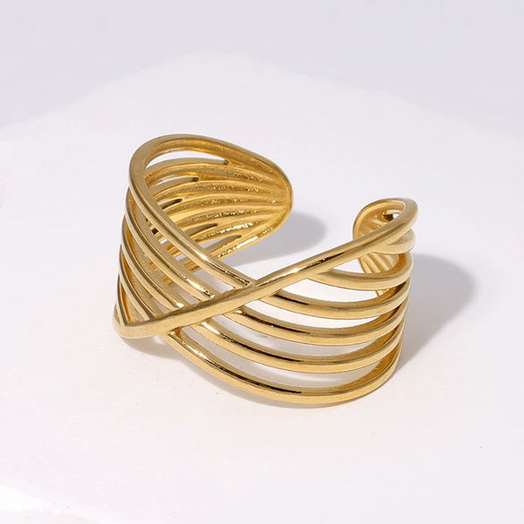 Geometric Lines Stainless Steel Opening Ring For Women With Electroplating Treatment