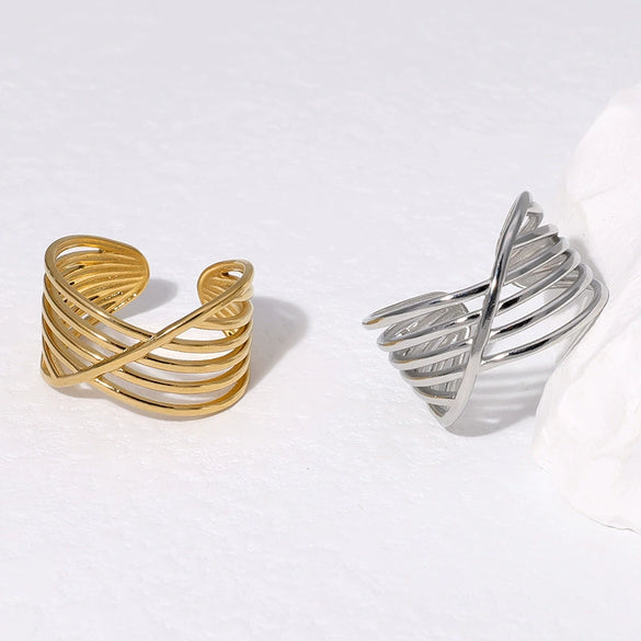 Geometric Lines Stainless Steel Opening Ring For Women With Electroplating Treatment