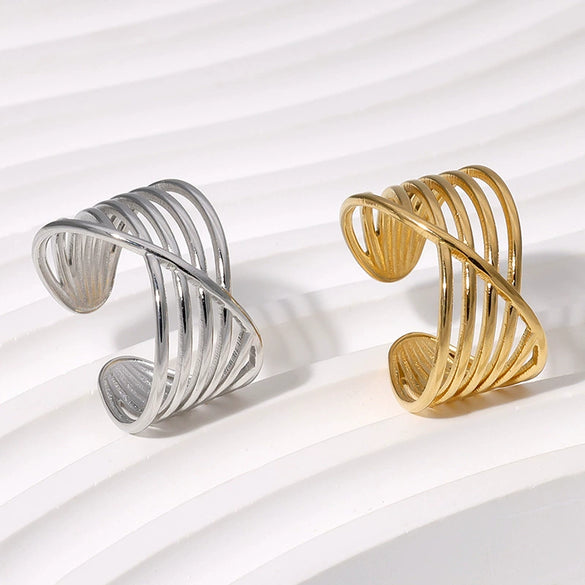 Geometric Lines Stainless Steel Opening Ring For Women With Electroplating Treatment