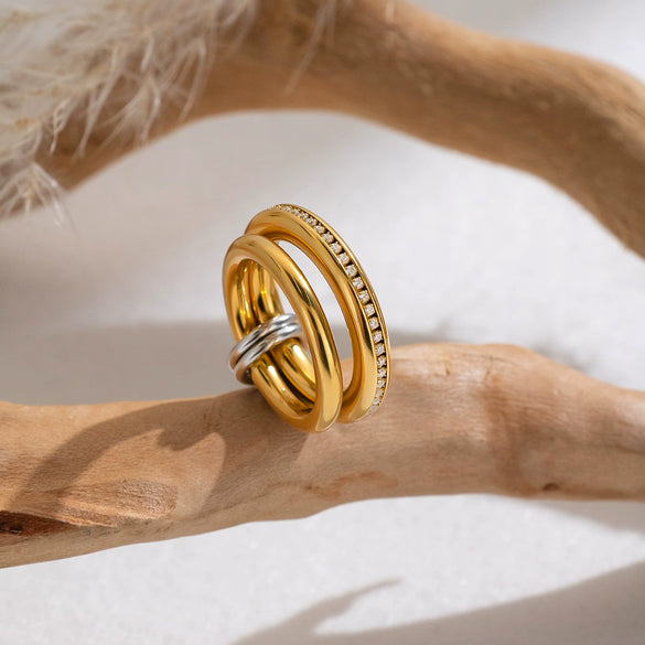 Geometric Multilayer Stackable Stainless Steel Ring With Goldplated Vacuum Electroplated Finish For Unisex Everyday Jewelry