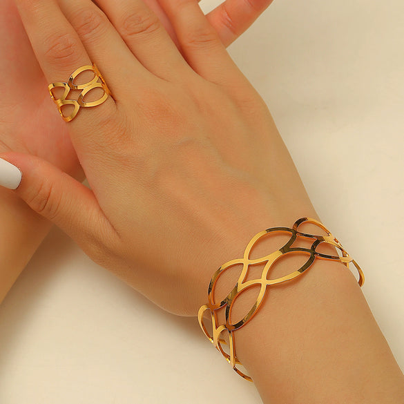 Geometric Opening Leopard Print Alloy Bracelet Ring Twopiece Set Exaggerated Adjustable For Women Electroplated