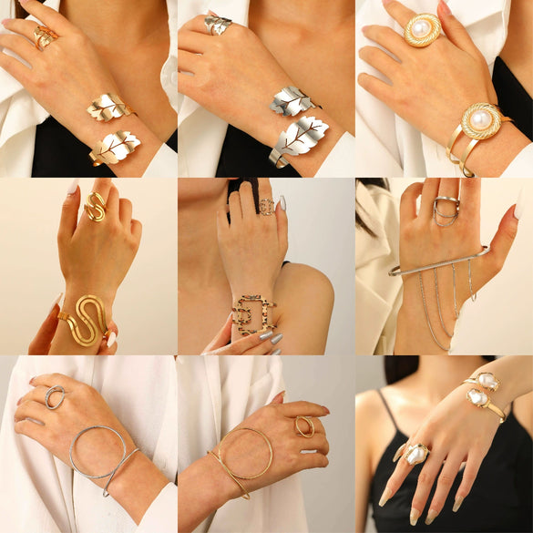 Geometric Opening Leopard Print Alloy Bracelet Ring Twopiece Set Exaggerated Adjustable For Women Electroplated