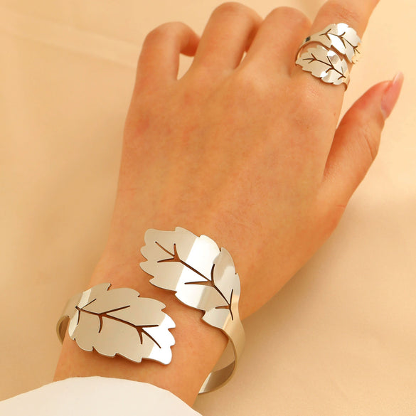 Geometric Opening Leopard Print Alloy Bracelet Ring Twopiece Set Exaggerated Adjustable For Women Electroplated