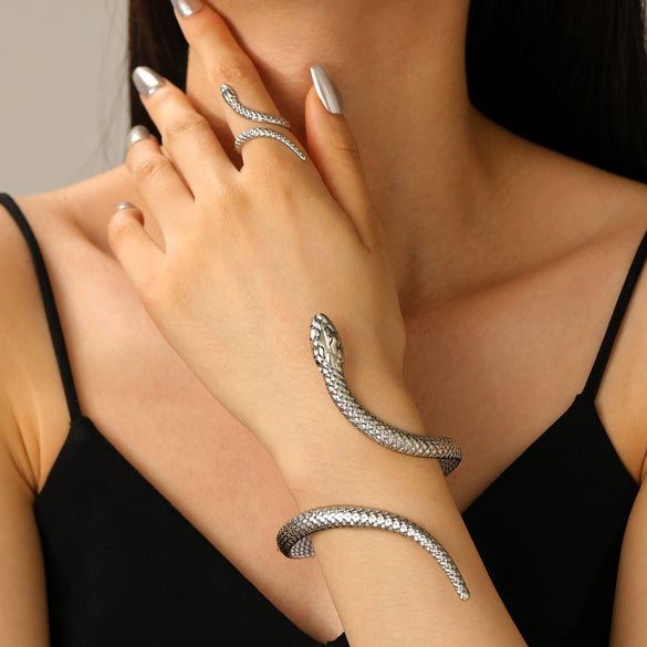 Geometric Opening Leopard Print Alloy Bracelet Ring Twopiece Set Exaggerated Adjustable For Women Electroplated