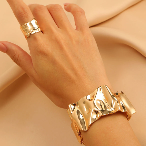 Geometric Opening Leopard Print Alloy Bracelet Ring Twopiece Set Exaggerated Adjustable For Women Electroplated