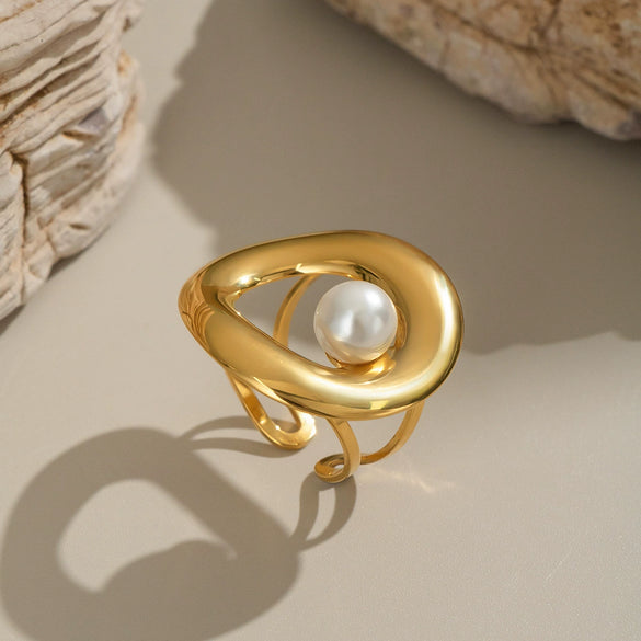 Geometric Pearl Open Ring Stainless Steel Jewelry Accessories With Electroplating For Women