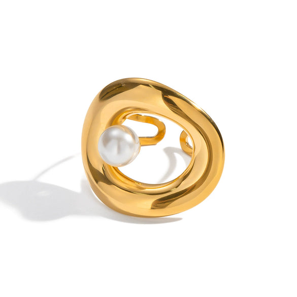 Geometric Pearl Open Ring Stainless Steel Jewelry Accessories With Electroplating For Women