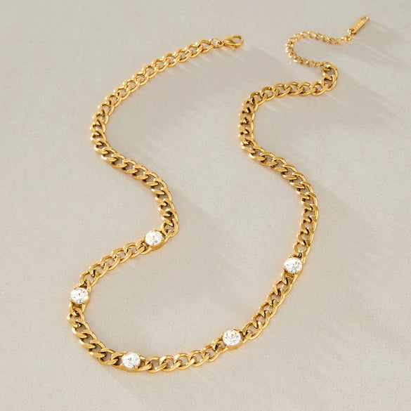 Geometric Pvd Vacuum Gold Plated Stainless Steel Necklace With Zircon Chain And Lobster Clasp For Women
