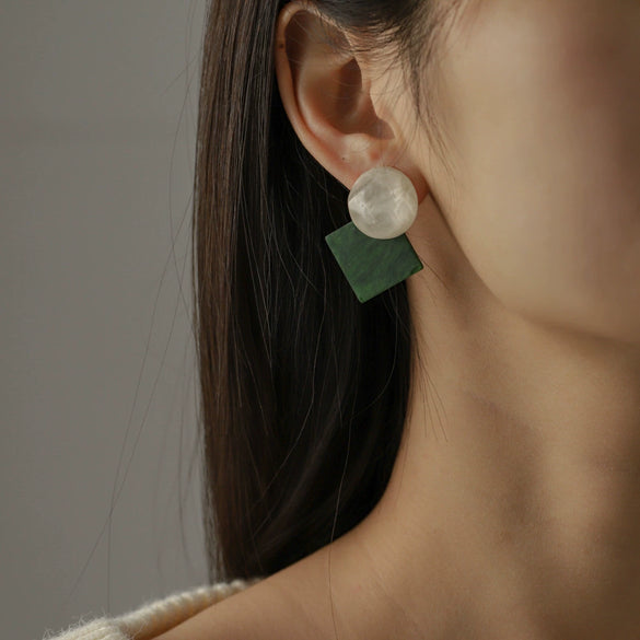 Geometric Sparkling Resin And Plastic Earrings With Contrast Color Stitching And Water Ripple Design S925 Silver Pin